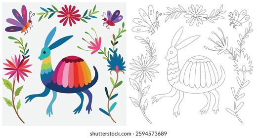 Coloring page, example for coloring, composition with flowers and animals in Mexican style