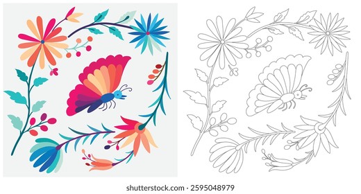 Coloring page, example for coloring, composition with flowers and animals in Mexican style