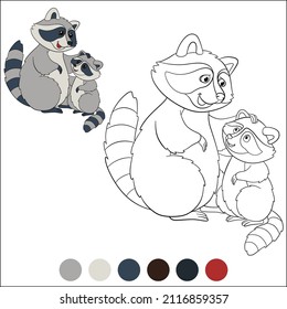 Coloring page with example. Mother raccoon stands with her little cute baby raccoon and smiles.