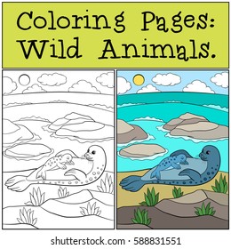 Coloring page with example. Mother seal with her little cute baby lay on the sand near the ocean and smile.