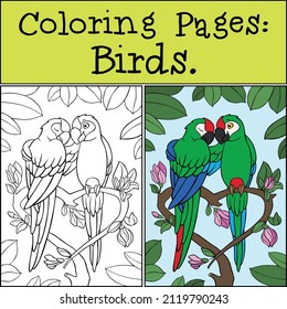 Coloring page with example. A pair of cute parrots green macaw sits and smiles. They are in love.