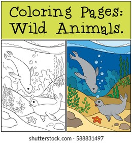 Coloring page with example. Two little cute seals swim underwater and smile.