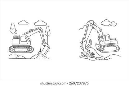  coloring page of excavator Kids friendly a cute Vector illustration line artwork Hand drawn set
