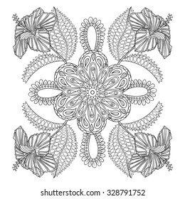 Coloring page with exotic hibiscus flower bunch, zentangle illustartion for adult anti stress Coloring books or tattoos with high details isolated on white background. Vector monochrome sketch.