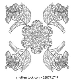 Coloring page with exotic hibiscus flowers, zentangle illustartion for adult anti stress Coloring books or tattoos with high details isolated on white background. Vector monochrome sketch.