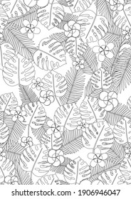 Coloring page exotic leaf. Outline vector stock illustration. Tropical monstera leaf. Colorless coloring book for adults. Exotic flowers, plants, leaves. Seamless pattern