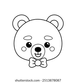 Coloring page. Face of boy bear with bow tie. Black and white bear. Color me. Isolated vector illustration eps 10