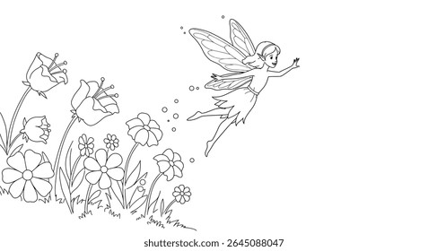Coloring Page of a Fairy Flying Playfully Through a Field of Simple Outlined Flowers.