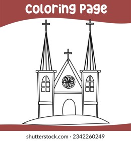 Coloring page a fairy tale Church black and white the church. Vector outline fantasy monarch kingdom. Medieval the kingdom church in vector. 