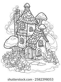 Coloring page. Fairy tale house. Magic forest hut, black and white picture