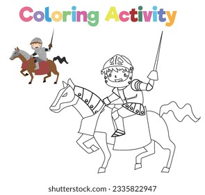 Coloring page a fairy tale Medieval Kingdom black and white the cute knight riding horse in armour and holding a sword. Vector outline fantasy monarch kingdom. 