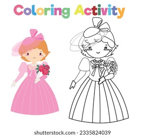 Coloring page a fairy tale Medieval Kingdom black and white the cute princess in pink dress holding a bouquet of flower. Vector outline fantasy monarch kingdom a princess. fairytale princess character