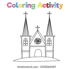 Coloring page a fairy tale Medieval Kingdom black and white the church. Vector outline fantasy monarch kingdom. Medieval the kingdom church in vector. 