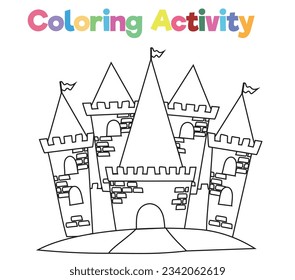 Coloring page a fairy tale Medieval Kingdom castle black and white a cute Vector outline fantasy monarch kingdom. Medieval the kingdom castle in vector. 