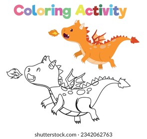 Coloring page a fairy tale Medieval Kingdom black and white a cute flying orange dragon spit a fire. Vector outline fantasy monarch kingdom. Medieval fairytale an orange dragon cartoon character. 