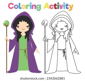 Coloring page a fairy tale Medieval Kingdom black and white an evil witch in a cload holding a wand. Vector outline fantasy monarch kingdom. Medieval fairytale an evil witch cartoon character. 