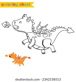 Coloring page a fairy tale Medieval Kingdom black and white a cute flying orange dragon spit a fire. Vector outline fantasy monarch kingdom. Medieval fairytale an orange dragon cartoon character. 