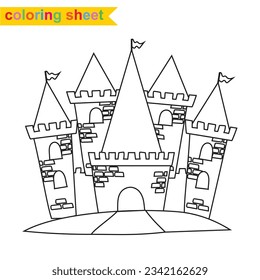 Coloring page a fairy tale Medieval Kingdom castle black and white a cute Vector outline fantasy monarch kingdom. Medieval the kingdom castle in vector. 