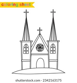 Coloring page a fairy tale Medieval Kingdom black and white the church. Vector outline fantasy monarch kingdom. Medieval the kingdom church in vector. 