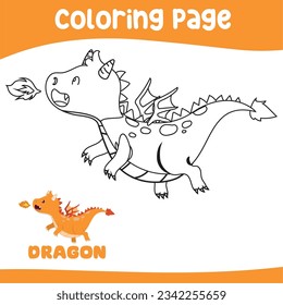 Coloring page a fairy tale Medieval Kingdom black and white a cute flying orange dragon spit a fire. Vector outline fantasy monarch kingdom. Medieval fairytale an orange dragon cartoon character. 