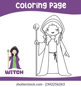 Coloring page a fairy tale Medieval Kingdom black and white an evil witch in a cloak holding a wand. Vector outline fantasy monarch kingdom. Medieval fairytale an evil witch cartoon character. 