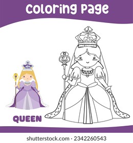 Coloring page a fairy tale Medieval Kingdom black and white the queen in purple dress with sceptre. Vector outline fantasy monarch kingdom a queen in crown and mantle. fairytale queen character. 