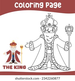 Coloring page a fairy tale Medieval Kingdom black and white the king with sceptre. Vector outline fantasy monarch king in crown and mantle. Medieval fairytale king character. 