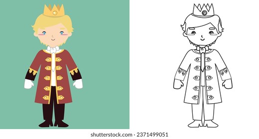 Coloring page a fairy tale Medieval Kingdom black and white the cute prince in coronation suit. Vector outline fantasy monarch kingdom a prince. Medieval fairytale prince character. 