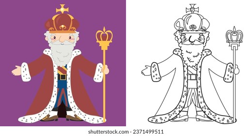 Coloring page a fairy tale Medieval Kingdom black and white king with sceptre. Vector outline fantasy monarch in crown and mantle. Medieval fairytale king character. 