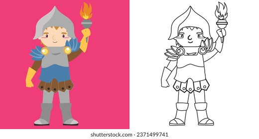 Coloring page a fairy tale Medieval Kingdom black and white the kingdom’s guard in armour and holding a torch. Vector outline fantasy monarch kingdom. 