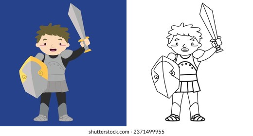 Coloring page a fairy tale Medieval Kingdom black and white the cute knight in armour and holding a sword and shield. Vector outline fantasy monarch kingdom. Medieval fairytale a kingdom’s guard carto