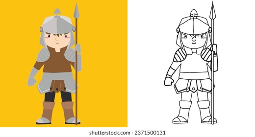 Coloring page a fairy tale Medieval Kingdom black and white the cute kingdom guard in armour and holding a spear. Vector outline fantasy monarch kingdom. Medieval fairytale a knight cartoon character.