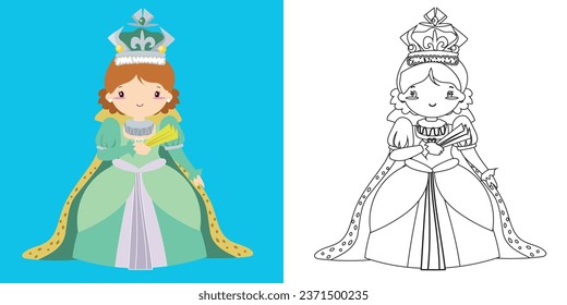 Coloring page a fairy tale Medieval Kingdom black and white the queen in green dress with sceptre. Vector outline fantasy monarch kingdom a queen in crown and mantle. 