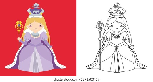 La página de color es un cuento de hadas del Reino Medieval en blanco y negro la reina con vestido morado con cetro. Esbozo vectorial fantasía monarca reino una reina en corona y manto. 