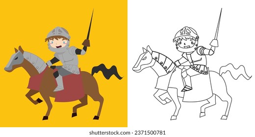 Coloring page a fairy tale Medieval Kingdom black and white the cute knight riding horse in armour and holding a sword. Vector outline fantasy monarch kingdom. 