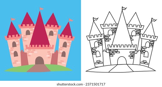 Coloring page a fairy tale Medieval Kingdom castle black and white a cute Vector outline fantasy monarch kingdom. Medieval the kingdom castle in vector. 