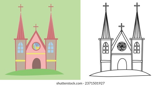 Coloring page a fairy tale Medieval Kingdom black and white the church. Vector outline fantasy monarch kingdom. Medieval the kingdom church in vector. 