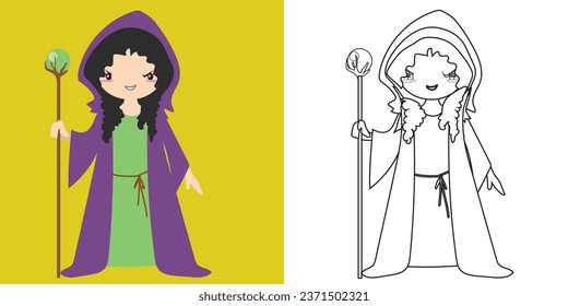 Coloring page a fairy tale Medieval Kingdom black and white an evil witch in a cload holding a wand. Vector outline fantasy monarch kingdom. Medieval fairytale an evil witch cartoon character. 