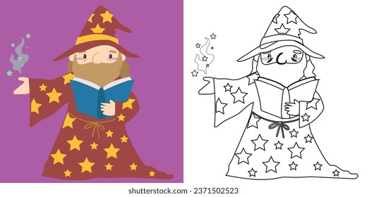 Coloring page a fairy tale Medieval Kingdom black and white the male sorcerer or wizard reading the spell book. Vector outline fantasy monarch kingdom. Medieval fairytale a male sorcerer 