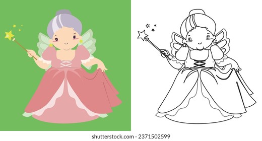 Coloring page a fairy tale Medieval Kingdom black and white the fairy godmother. Vector outline fantasy monarch kingdom. Medieval fairytale a fairy godmother cartoon character. 