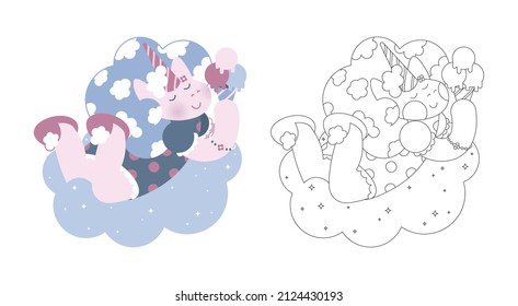 Coloring page with the fairy unicorn. Cartoon fantasy creature. Cute line art design for nursery poster, print, kids apparel. Vector illustration. Isolated.