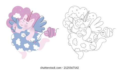 Coloring page with the fairy unicorn. Cartoon fantasy creature. Cute line art design for nursery poster, print, kids apparel. Vector illustration. Isolated.