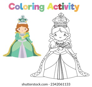 Coloring page a fairytale Medieval Kingdom black and white the queen in green dress. Vector outline fantasy monarch kingdom a queen in crown and mantle. Medieval fairytale queen character