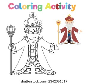 Coloring page a fairytale Medieval Kingdom black and white king with sceptre. Vector outline fantasy monarch in crown and mantle. Medieval fairytale king character. 