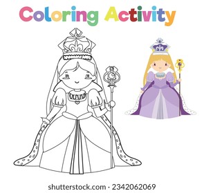 Coloring page a fairytale Medieval Kingdom black and white the queen in purple dress with sceptre. Vector outline fantasy monarch kingdom a queen in crown and mantle. Medieval fairytale queen.