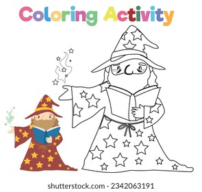 Coloring page a fairytale Medieval Kingdom black and white the male sorcerer or wizard reading the spell book. Vector outline fantasy monarch kingdom. Medieval fairytale a male sorcerer or wizard 