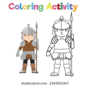 Coloring page a fairytale Medieval Kingdom black and white the cute kingdom guard in armour and holding a spear. Vector outline fantasy monarch kingdom. Medieval fairytale a knight cartoon character. 