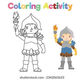 Coloring page a fairytale Medieval Kingdom black and white the kingdom’s guard in armour and holding a torch. Vector outline fantasy monarch kingdom. Medieval fairytale a kingdom’s guard cartoon