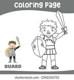 Coloring page a fairytale Medieval Kingdom black and white the cute knight in armour and holding a sword and shield. Vector outline fantasy monarch kingdom. Medieval fairytale a kingdom’s guard.