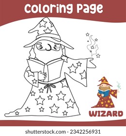 Colorear una página de un cuento de hadas Reino Medieval en blanco y negro el hechicero masculino o el mago leyendo el libro de hechizos. Esbozo vectorial fantasía reino monarca. Cuentos de hadas medievales de un hechicero o asistente masculino 